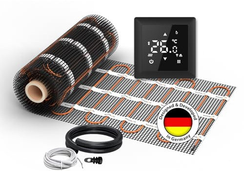 Chauffage au sol électrique pour carrelage : tapis chauffant à deux fils WARMON Classic 150 W/m² avec thermostat TS 100 série Smart WiFi Touch, thermostat : TS100 WiFi noir, dimensions du tapis : 3,5