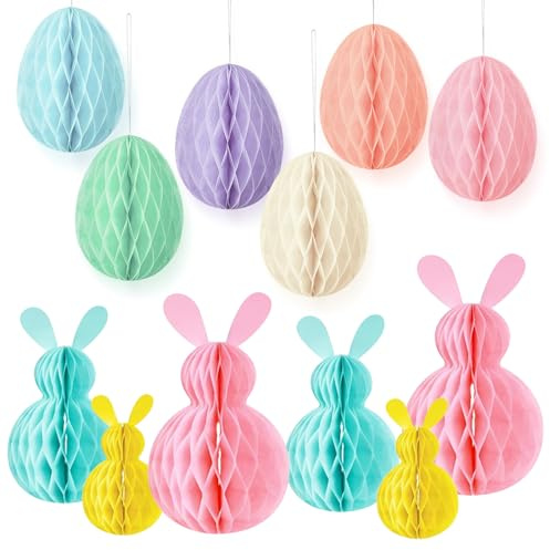 JSTHHTT 12 Decorazioni Pasquali da Appendere Coniglietto e Uova di Pasqua Palline di Carta a Nido d'Ape Ornamenti, Uova di Pasqua Decorative, Riutilizzabili Pasqua Decorazioni, Decorazioni Pasquali