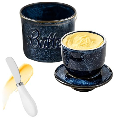 Round Butter Dish with Lid, French Butter with Knife for Soft Butter, Ceramic Butter Crock with Waterline - Porcelain Butter Dish - Dishwasher Safe ( Blue )