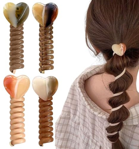 BQRKOTM Lot de 4 élastiques à cheveux en spirale en fil téléphonique, élastiques décoratifs en forme de cœur, tressés en plastique, accessoires pour filles