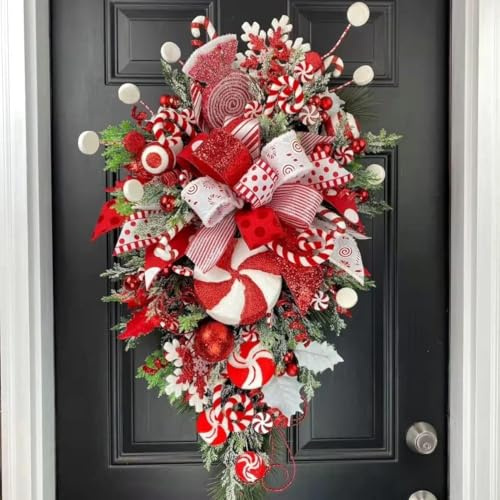 Christmas Candy Cane Wreath for Front Door - Red and White Teardrop Holiday Decor with Ball Ornaments, Indoor Outdoor Christmas Garland for Stairway, Home & Party Decorations