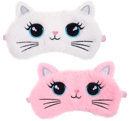 Förpackning med 2 sovmasker för barn, mjuk plysch ögonbindel barn färgglad söt katt sova ögon skydd roligt djur sova ögonmask för kvinnor flickor hem resa tupplur (rosa, vit)