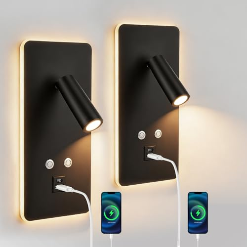 Lot de 2 lampes de lecture murales LED, lampe de chevet à intensité variable, avec port de chargement USB et Type-C et interrupteur, idéale pour chambre, hôtel ou couloir (lumière chaude 3W+9W)(Noir)