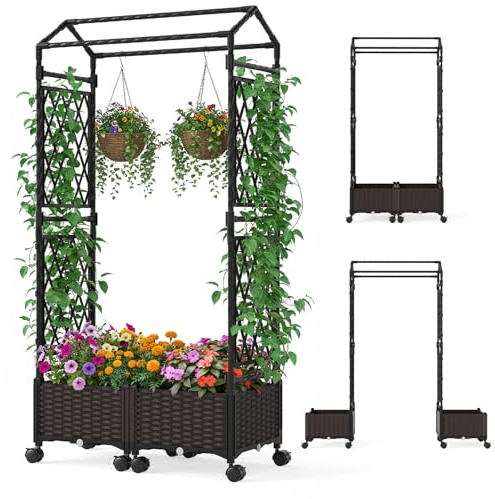 COSTWAY Blumenkasten mit Rankgitter & hängendem Dach, 163 cm, 2 in 1 Rosenbogen mit 2 Pflanzkästen, Gartenbogen auf Rollen, Metall & PP-Rattan, Rankkasten mit Spalier, für Kletterpflanzen (Braun)