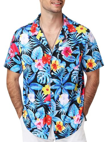 Runhit Mens Hawaiian Shirts Short Sleeve, Lightweight Summer Holiday Shirts Breathable Quick Dry Beach Top for Outdoor Travel Casual Wear with Tropical Floral Palms Print, Flamingo Tropical XL