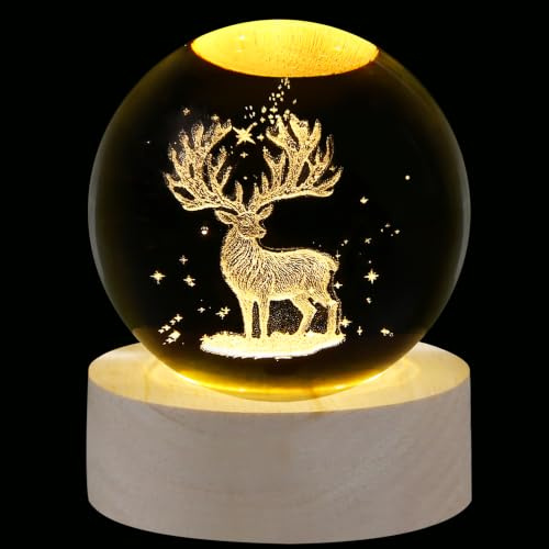 XIANNVXI 3D Christmas Reindeer Crystal Ball Paperweight,with Luminous Base | 60mm Novelty Reindeer Ornament Decoration,Cute Xmas Table Ornament,Unusual Meaningful Present,Secret Santa,Stocking Filler