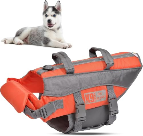 High Visibility Easy Grab Dog Life Jacket X Large Orange | 39kg to 45kg, 81cm to 101cm girth, reflective accents, grab handle, adjustable straps, neoprene chest band, D ring