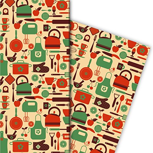 Kartenkaufrausch Retro Küchen Geschenkpapier Set mit Koch Geräten für tolle Geschenk Verpackung, Designpapier, scrapbooking 32 x 48cm, Dekorpapier, Musterpapier zum Einpacken, auf gelb
