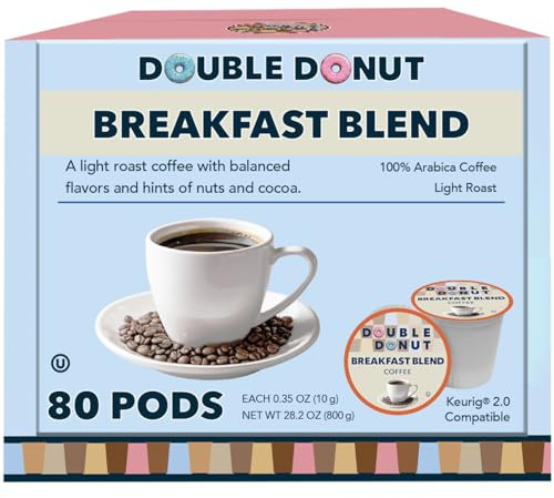 Double Donut Coffee Breakfast Blend Coffee Pods, Light Roast Coffee in Recyclable Single-Serve Pods for Keurig K Cups Brewer Machines, 80 Count Bulk Pack, original version