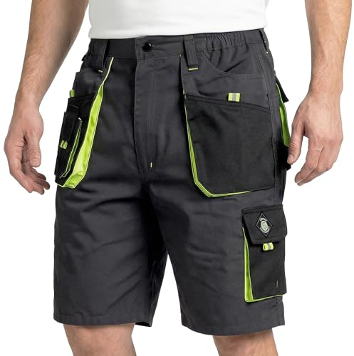 Stenso Kastor Short Cargo Homme - Haute Durabilité, Short de Travail Homme avec Poches Avant et Arrière, Taille Élastique - Gris/Vert EU52/36W