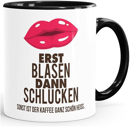 MoonWorks® Kaffee-Tasse Erst Blasen dann Schlucken Spruch Heisse Tasse sexy Lippen Schwarz unisize