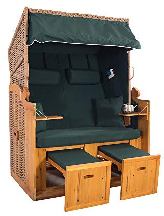 2-Sitzer Strandkorb Hörnum - Volllieger mit Fußablagen – inkl. Nackenkissen und Kuschelkissen Set - (Geflecht - Natur, Grün - Uni)