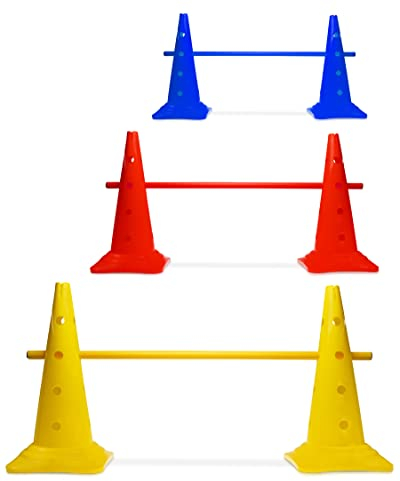 SPORTIKEL24 Kegel-Hürde 50 mit 100 cm Stangen – 3er-Set – Gelb/Rot/Blau – Steckhürden für Agility, Kinder & Teamsport – Flexibles Mini-Set für Parcours-Training