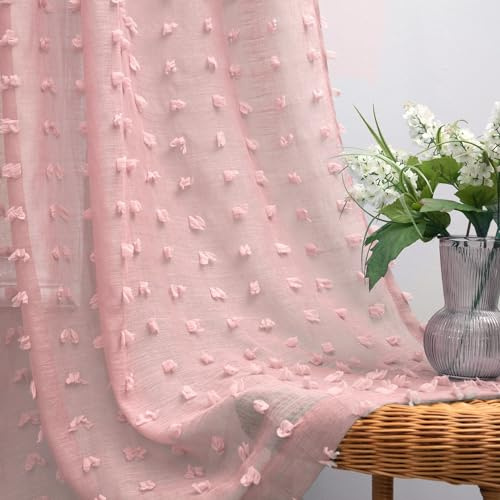 KOUFALL Cortinas traslúcidas, Set de 2 Paneles, con Lazo Floral y Pompones, Encaje Bohemio para Dosel, Cama, Dormitorio, Armario, 213 cm de Largo, Color Malva pálido Rosa Polvoriento