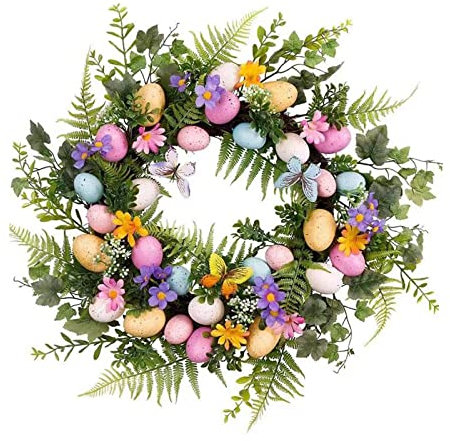 perfk Decorazioni Pasquali, 45 Cm Ghirlande Di Pasqua Artificiali Ghirlanda Di Foglie Verdi Colorate Ghirlande Di Porta Ghirlanda Pasquale Con Fiori E Uova Di Pasqua, Serie Viola