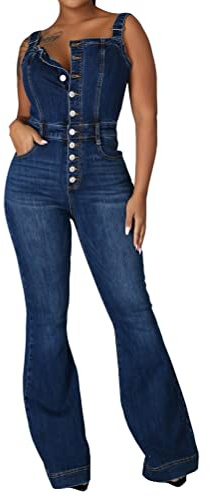 Onsoyours Combinaison Femme Salopette en Jeans Denim Boyfriend Slim Jumpsuit Pantalon d'été Rétro Casual Grand Taille pour Printemps Automne avec Poches B BleuFoncé XL