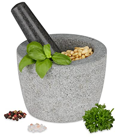 Relaxdays Mortero con Mano, Granito, Molcajete Redondo Piedra, 10 x 14 cm, Moledor Pesado, Especias y Hierbas, Gris