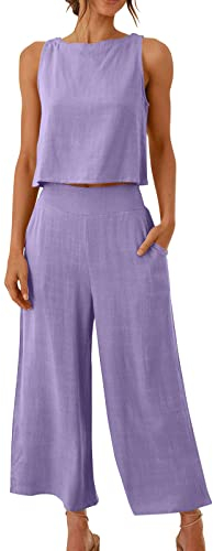 AACH Damen Zweiteilige Outfits Leinen Freizeitanzug Sommer Tank Top und Hose 2 Teiler Hosenanzug Casual Einfarbig Jogginganzug Elegant Leicht Loungewear mit Taschen Strand Leinenanzug