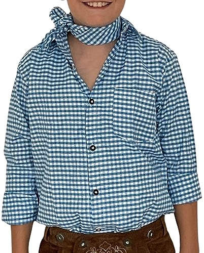 Trachterbahn Camicia da ragazzo con pantaloni in pelle a quadretti e cotone bianco a maniche lunghe con foulard 45 x 45 cm e tasca sul petto, Azzurro, 128