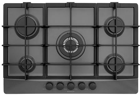 SCHOCK Placa de cocción de 5 fuegos de gas Primus PC75 con mandos negros opacos Soft-Touch, parrillas de hierro fundido, válvulas de seguridad, asfalt, 740 x 500 mm