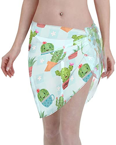 Women Beach Sarong Cute-Cactus-Pots Women Short Sarongs Beach Wrap Sheer Bikini Wraps Chiffon Cover Ups for Swimwear Black