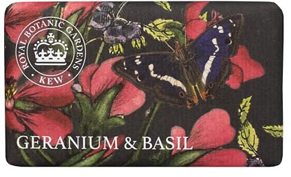 The English Soap Company Kew Gardens Geranium and Basil Soap - Luxury Vegan Soap Bar Enriched with Shea Butter - Fresh Herbal Floral Scent, Moisturising, Cruelty-Free, Made in England - 240g