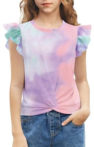 Arshiner Girls Summer Tshirt Twist Front Kids Short Sleeve T-Shirt Ruffle Sleeve Girl Tie Dye Tunic Tee Tops 130