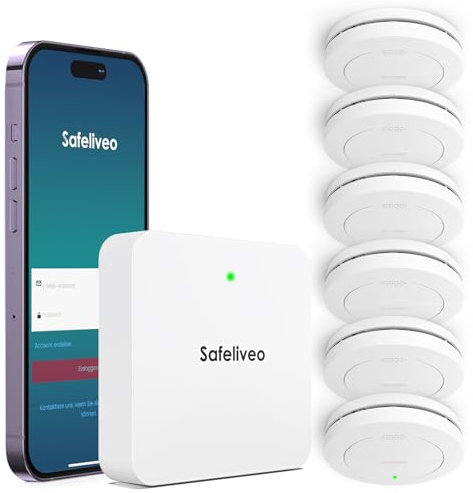 Safeliveo Détecteur de fumée interconnecté WiFi avec Batterie de 10 Ans, Lot de 6 avec Station de Base, certifié TUV Rheinland, Ensemble d'alarme de fumée à contrôle par Application