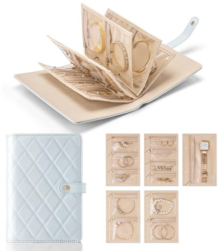 VLANDO Travel Jewelry Organizer Case, Foldable Jewelry Bags Jewelry Storage Book Ring Binder with Clear Zipper Velvet Pouch Bag for Travel Essentials,Rings,Necklace,Earrings,Bracelets-Blue