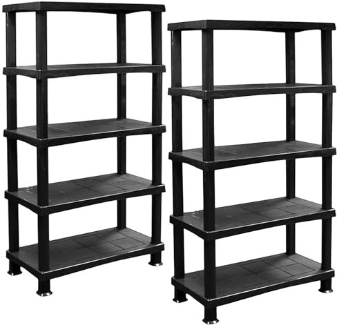 ALEEZ - 5 Tier Plastic Shelving Unit - Heavy Duty Storage Shelves - Storage Rack For Home, Garage, Shed, Warehouse - 25kg/55lbs Per Shelf - No Tools Required - Push Fit Assembly, Black (2, 5 Tier)