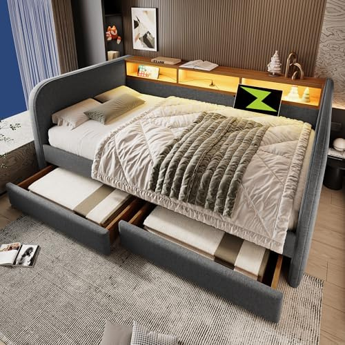 Trdlpyn Divano Letto Imbottito 140x190 cm con LED e USB-C, Letto Matrimoniale con 2 Cassetti e Testiera Contenitore, Letto Multifunzione Struttura del letto con Rete a Doghe, Letto per gli ospiti