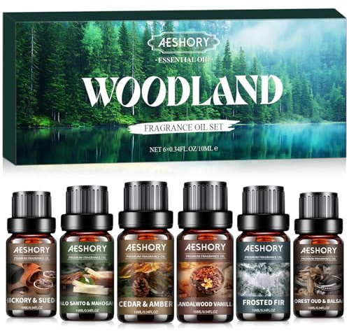 AESHORY Waldland Ätherische Öle Set für Diffuser 6 x 10ML, Wald Aromatherapie Duftöl Geschenkset für SPA, Kerzenherstellung - Sandelholz Vanille, Gefrostete Tanne, Zeder & Amber, Wald-Oud & Balsam