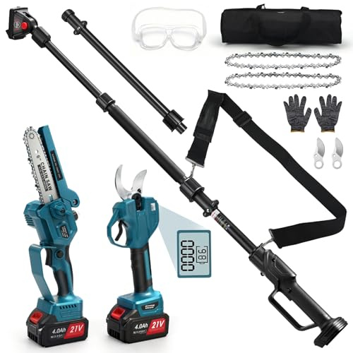 panthem Mini motosega telescopica 4 in 1 da 6 pollici, con batteria e 55 mm, cesoie elettriche da giardino, con 2 batterie da 4000 mAh, portata massima fino a 4,1 m, tensione automatica della catena