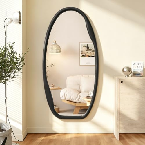 JJUUYOU Irregular Wall Mirror Black Wood Frame Mirrors for Wall 100x50 cm Large Asymmetrical Hanging Mirror Modern Horizontal or Vertical Mirrors for Living Room Bathroom Entryway Bedroom Farmhouse
