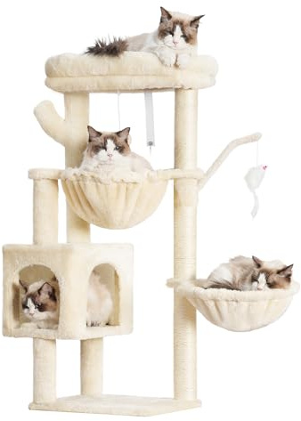 Heybly Arbol Rascador para Gatos, Arbol Gato de 100 cm de Altura con Plataforma Grande, Cueva, 2 Hamacas, Juguetes y Árbol para Trepar con Rascador, Beige HCT006SM