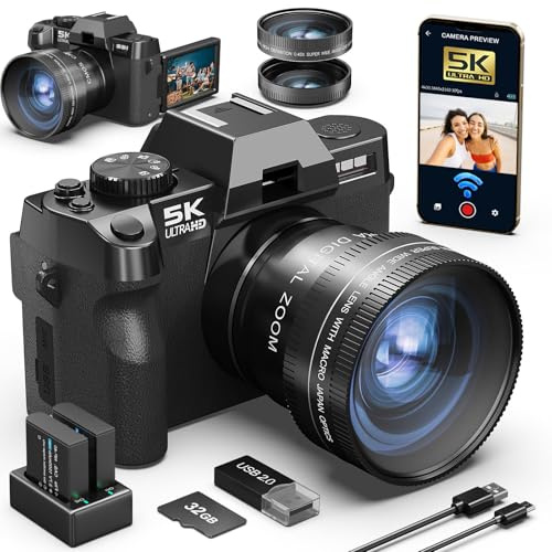 5K Digital Camera, 48MP/60FPS Cameras for Photography, Video/Vlogging Camera for Youtube, WiFi & App Control and Wide-Angle & Macro Lens, Perfect for Entry-Level Users and Beginners(32GB TF Card)
