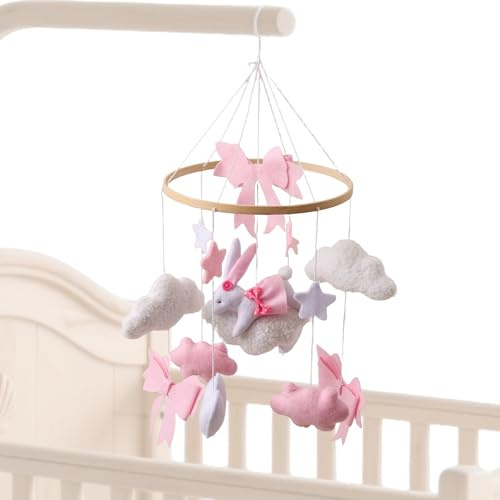 Mobile for Crib | Pink Bow Bunny Crib Mobile Decor - Boys Girls Rotating Sensory Toy Bohemian Ornament for Bedroom Bassinet Window Wall Living Room