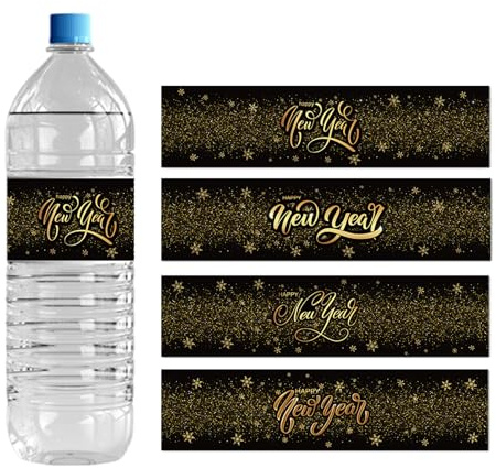 Étiquettes pour Bouteilles D'Eau URROMA « Bonne Année » 50 pièce de 2026 étiquettes Autocollantes Noires et Dorées pour Emballage de Noël pour Fêtes D'Anniversaire