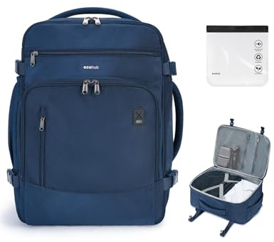 ECOHUB Zaino Bagaglio a Mano Easyjet 45x36x20 Valigia Viaggio Aereo Sotto il Sedile 13 Tache Zaino da Cabina Porta USB Grande Impermeabile Ecologica in PET Riciclato da 30 Litri (Blu)