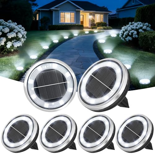 ZAIYW 6 Pack Solar Ground Lights Outdoor Waterproof Garden Lights Solar Powered Disc Landscape Lighting for Pathway Yard Lawn Walkway Deck Decoration (Cool White)