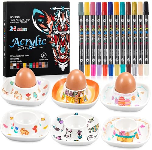 Sinmoe 6 Hueveras de Porcelana para Pascua Pinta Tu Propio Portavasos para Huevos con 12 Piezas 24 Colores Marcador de Pintura y Caja de Regalo Hueveras en Ceramica para DIY Regalo Pascua Cumpleaños