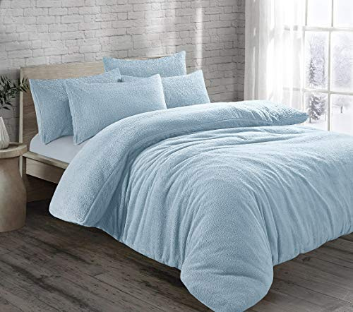 HOMES-LINEN Teddy Bear Fleece Thermal Warm Cosy Soft Fur Duvet Cover Set With Pillow Cases (Blue, Double)