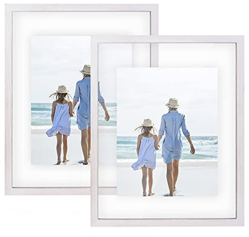DLQuarts 11x14 Floating Photo Picture Frame, Floating Display for Photos 8x10, 7x9, 5x7, 8.5x11 Certificate, or Full Display for 11x14 Photos, Solid Wood, Double Glass, 2 Pack, Chalk White