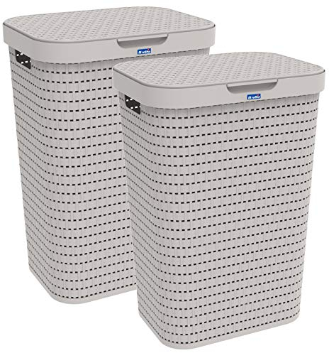 Rotho Country 2er-Set Wäschesammler 55l mit Deckel, Kunststoff (PP) BPA-frei, Cappuccino, 2x55l (42,0 x 32,2 x 57,7 cm), 42 x 32