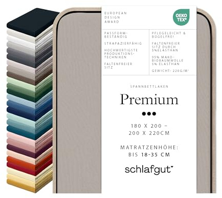Schlafgut Premium Spannbettlaken 95% Mako Bio Baumwolle & 5% Elasthan Made in Green by Oeko Tex (180x200cm bis 200x220cm Matratzenhöhe von 18 bis 35 cm, Sand Mid)