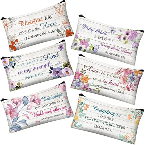 Zonon 6 Pieces Inspirational Bible Verse Pencil Pouch for Women Christian Bible Study Journaling Supplies Scripture Canvas Makeup Bags Cute Pencil Case Gifts for Students Office School