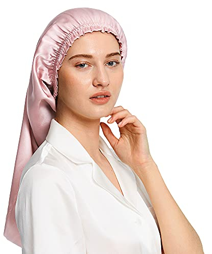 LilySilk Frauen Seide Mütze Schlafmütze mit elastischem Band für Damen Weiche Nachthaube verstellbare Schlafhaube Kopfbedeckung für langes Haar,Rosa
