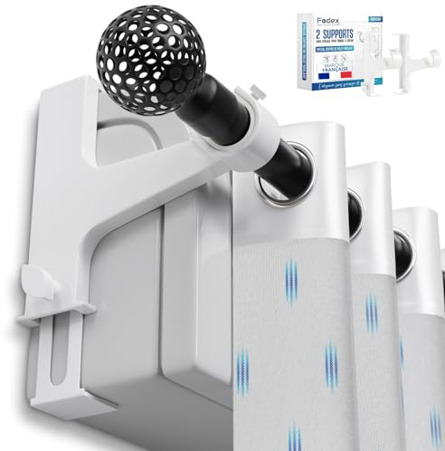 FODEX Ensemble de 2 Supports pour Tringle à Rideaux Sans Perçage et Sans Outil - Spécial Coffre de Volet Roulant - MODÈLE Optimisé pour tringles de Ø16 à 28mm-En Métal-Marque Française (Blanc)