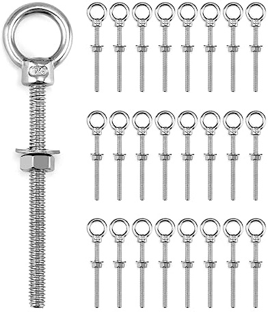 QWORK Eye Bolt, 25 Pack 1/4x3 Stainless Steel Marine Grade Threaded Eyebolts, Lifting Ring Threaded Eyebolts with Nuts Washers