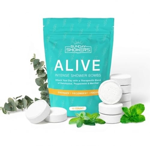 Alive Shower Bombs 10-Pack – Made in USA | Powerful Aromatherapy Steamers with Eucalyptus, Peppermint & Menthol | Energizing Scent for Morning Focus & Breathing Boost | Natural Self Care Gift